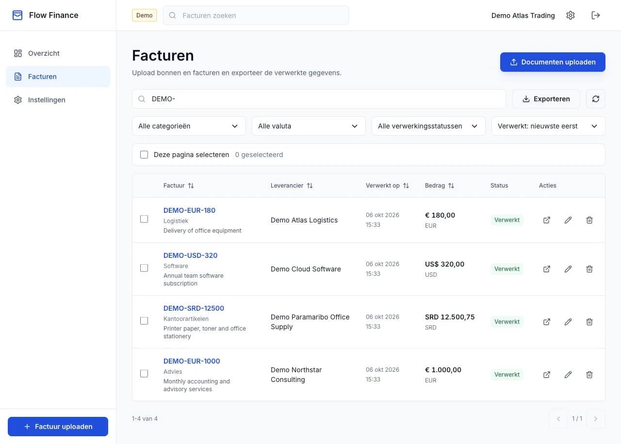 Volledig FlowFinance-factuuroverzicht met fictieve demogegevens
